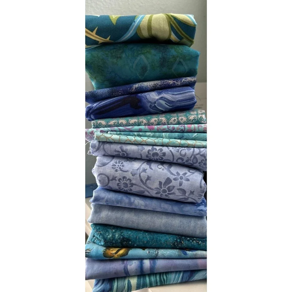 Shades Of Blue & Green Quilting Cotton Fabric Textile Art Lot 15 Pc